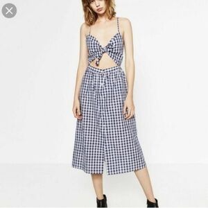 Zara gingham blue and white button down front tie midi dress
